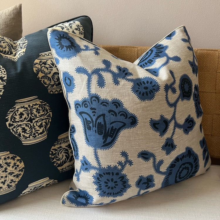 The Voyage Dubai - A striking accent cushion crafted from Volga Linen's archive Poppy print in Cornflower Blue finished with Cream piping and concealed zip.  The perfect addition to a sofa, armchair or bed. 