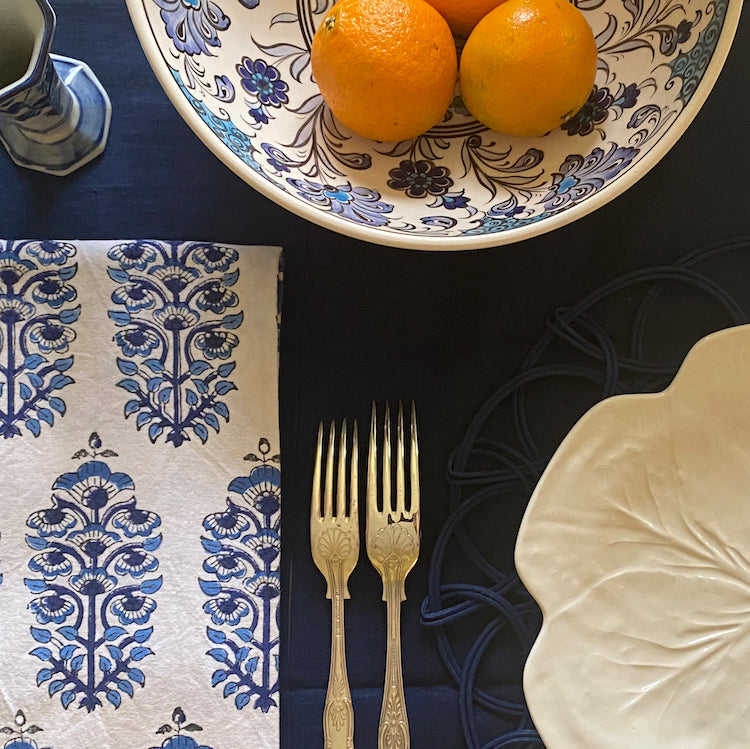 The Voyage Dubai - Majorelle Dinner Napkins  100% cotton hand block printed dinner napkins  Sold in set of four 