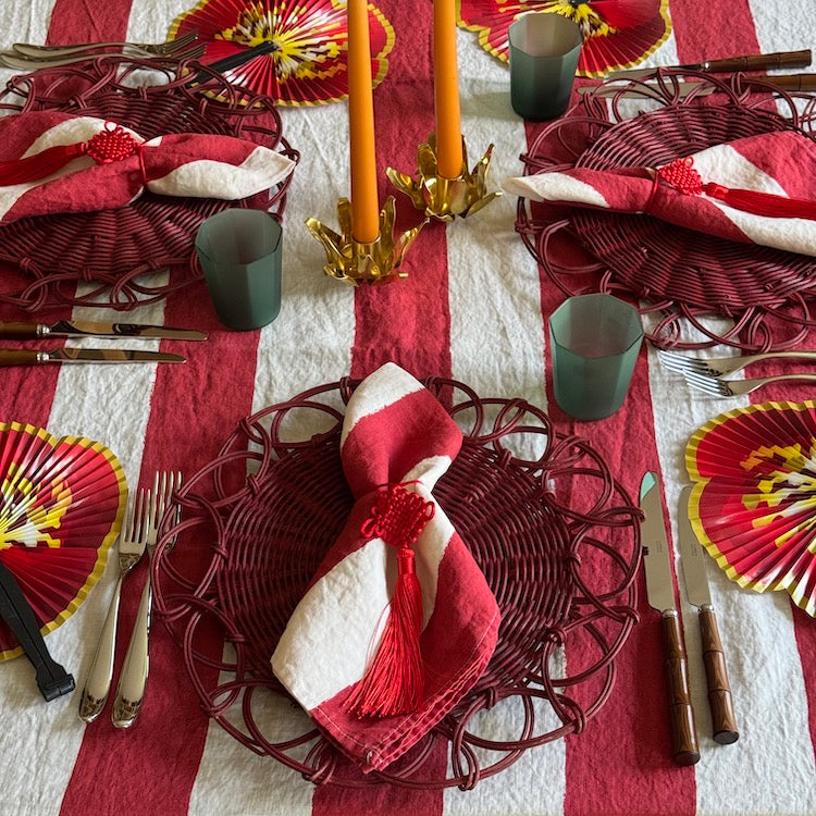 S&B Stripe Linen Napkins in White & Red - Set of Two