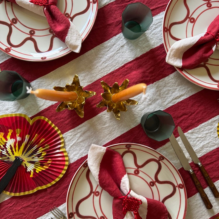 S&B Stripe Linen Tablecloth in White & Red