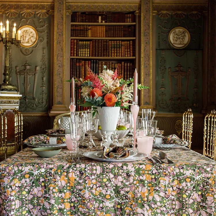 The Voyage Dubai -Summerill and Bishop Marble Linen Tablecloth in Green, Rose Pink and Orange