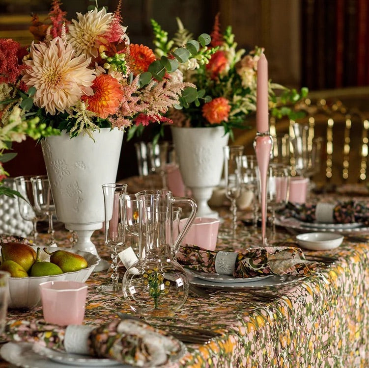 The Voyage Dubai -Summerill and Bishop Marble Linen Tablecloth in Green, Rose Pink and Orange