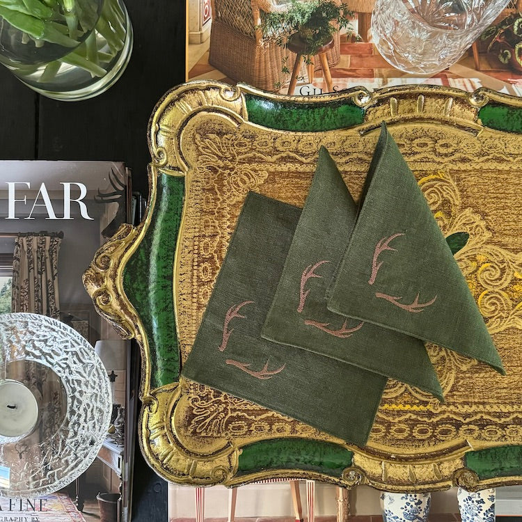 The Voyage Dubai - Stag-gering Cocktail Napkins in Forest Green. A beautiful set of cocktail napkins handcrafted from 100% European linen. 