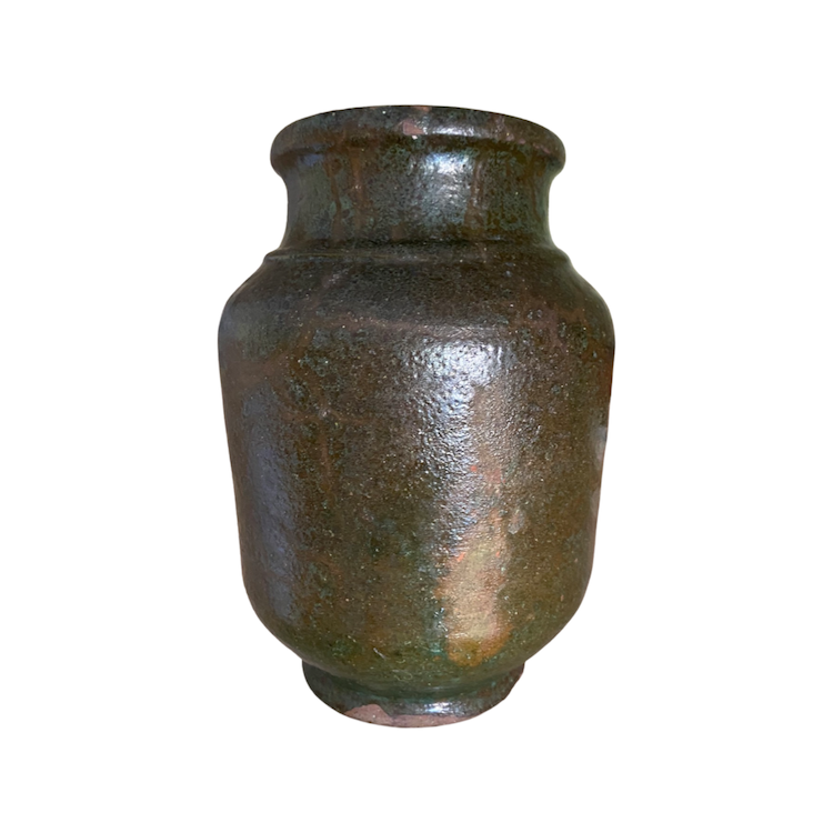 The Voyage Dubai - Vintage earthenware vase finished in a deep green glaze. The vase shows signs of age with a beautiful patina that adds to its charm and character. 