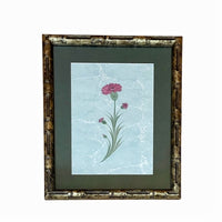 The Voyage Dubai - Hand painted carnation flowers on marbled paper (Ebru).  Presented in a gilt, faux bamboo frame with forest green mat.