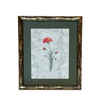 The Voyage Dubai - Hand painted carnation flowers on marbled paper (Ebru).  Presented in a gilt, faux bamboo frame with forest green mat.