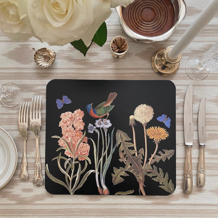 The Voyage Dubai - These one of kind découpage placemats are made by an artist in Hudson, New York using delicately cut and applied 18th and 19th century botanical birds and flowers. 