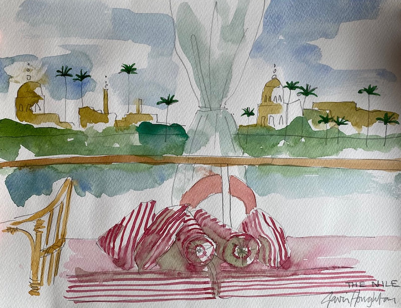 The Voyage Dubai - Eau de Nile Watercolour #3 A series of original watercolour sketches depicting scenes from the Nile, painted by renowned Interior Designer and artist Gavin Houghton for The Voyage Dubai. Original A4 watercolour sketch