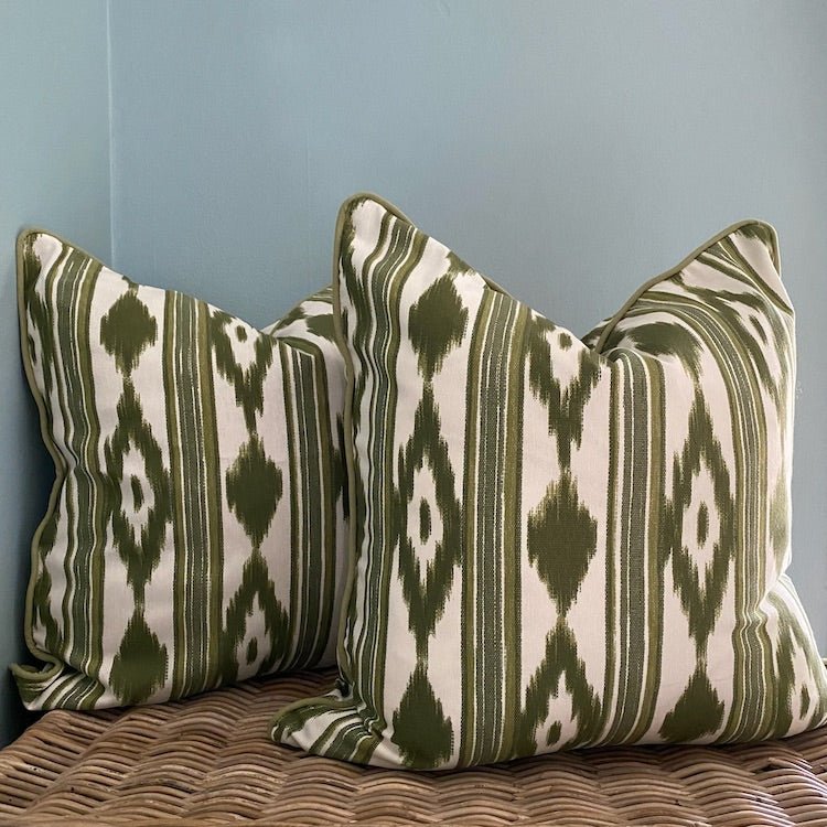 Mallorcan Ikat cushion in Olive Green - The Voyage Dubai