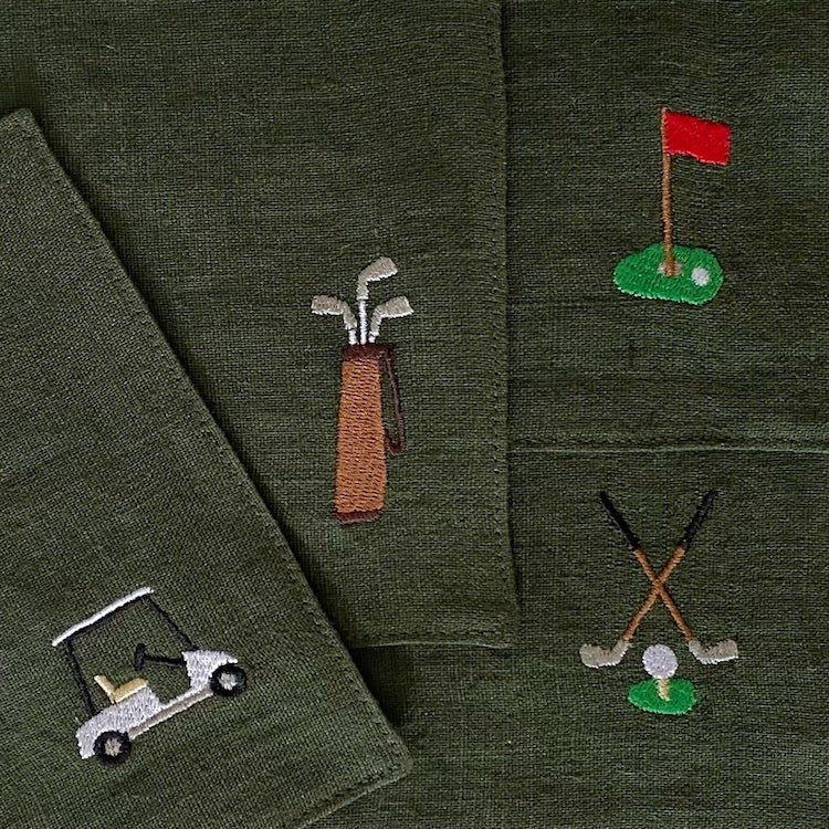 The Voyage Dubai - Talk Birdie To Me Cocktail Napkins in Forest Green A chic set of cocktail napkins to elevate cocktail hour. Each napkin is beautifully embroidered with a different motif. The perfect gift fore any golf aficionado. - Our cocktail napkins are handcrafted from 100% European linen that has been stonewashed and softened giving them a wonderful, luxurious feel.